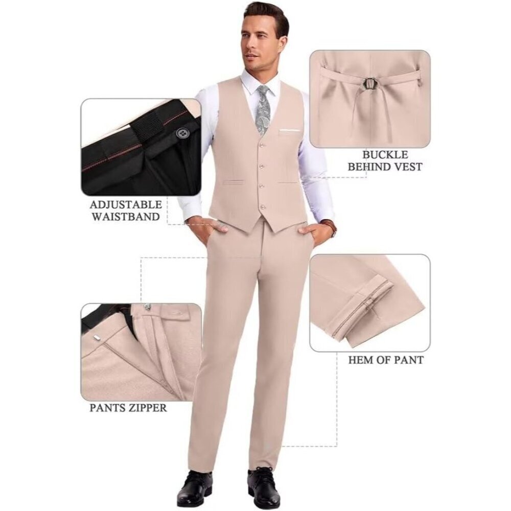 Men's Notched Lapel Flesh Pink Groomsmen Slim Fit 3 Pieces Suit for Wedding - Picture 5 of 5